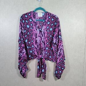 04159 Peace Love Cake pink, aqua & black snake print tie front blouse S
